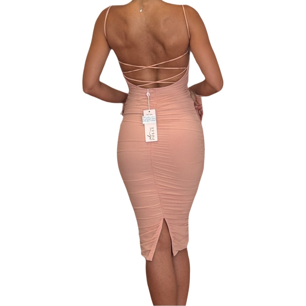NWT Oh Polly Peach Backless Ruched Dress